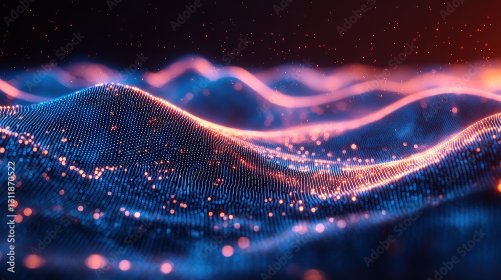 Poster abstract digital wave pattern with sparkling dots.