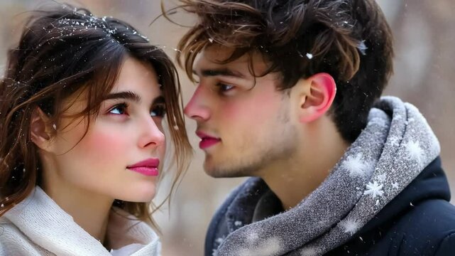 romantic love couple lean to kissing a outdoor winter season