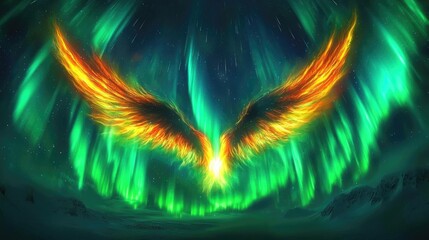 Fototapeta premium Aurora borealis northern lights concept. A stunning depiction of a mythical bird against a vibrant aurora backdrop.