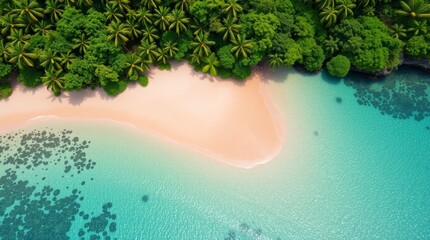 Aerial view of a secluded tropical beach with clear turquoise water and lush vegetation