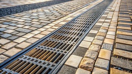 Fototapeta premium Sunlight illuminates a modern drainage system integrated seamlessly into a multicolored paving stone walkway.