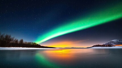 Aurora borealis northern lights concept. Breathtaking aurora borealis reflected on tranquil water beneath a starry sky.