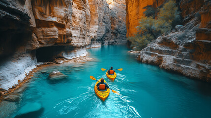 Kayakers navigate a tranquil canyon river in vibrant turquoise waters on a sunny day surrounded by towering cliffs