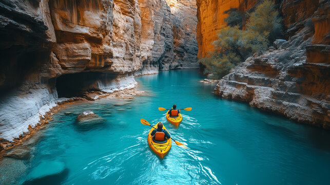 Kayakers navigate a tranquil canyon river in vibrant turquoise waters on a sunny day surrounded by towering cliffs