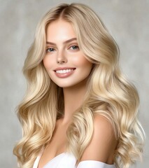 Naklejka premium Radiant Beauty: Portrait of a Smiling Blonde Woman with Wavy Flowing Hair