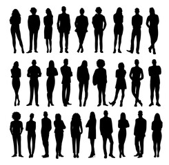 Silhouettes of diverse business people standing, men and women full length. Business concept. Vector black monochrome outline illustrations isolated 