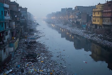 Polluted canal in urban slum at dawn.