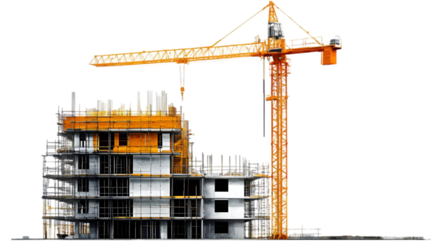 Construction Crane Lifts Building Sections on White Background