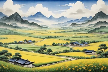 painting of a landscape with a mountain range and a valley