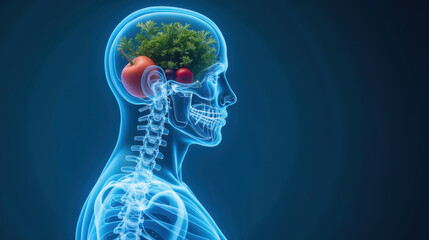 Human silhouette with brain filled with vegetables, symbolizing health and nutrition