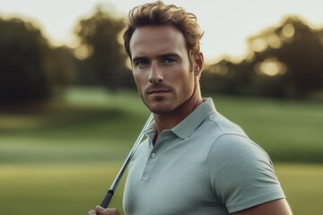 A young man with a serious expression holds a golf club, standing on a green golf course during sunset.