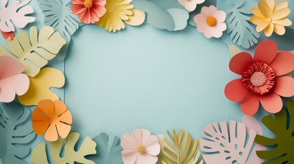 Fototapeta premium Flower frame with pastel paper flowers and leaves on light blue background, decorative floral layout for text or product placement, tropical blossom art
