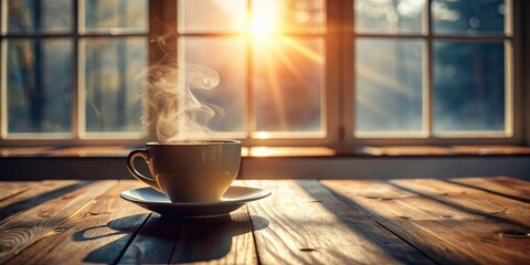 A steaming cup of morning beverage sits on a rustic wooden table, bathed in the warm glow of sunrise filtering through a large window.