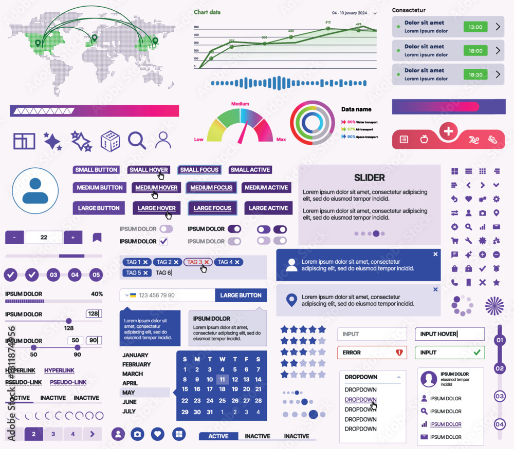 Poster set of ui/ux elements for websites and mobile applications: buttons, forms, menus, panels, icons, lo