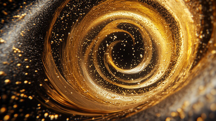 Digital gold shape swirl, golden light molecules, shimmering effect, luxury cosmetic and skincare serum, abstract spiral background