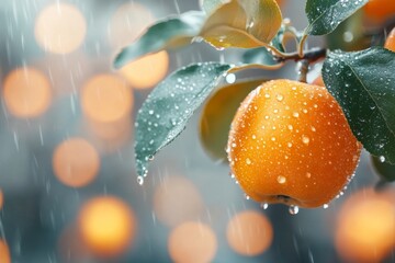 A rain-soaked apple garden with droplets of water glistening on the apples and leaves, creating a refreshing atmosphere