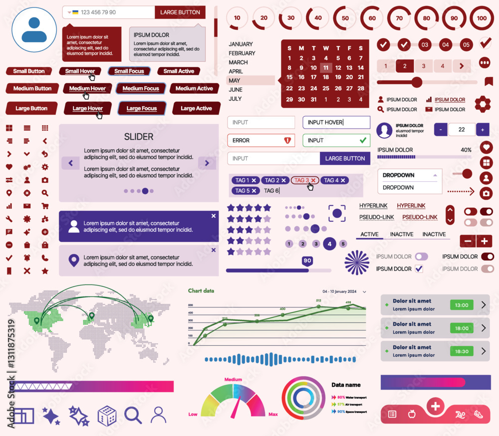 Poster set of ui/ux elements for websites and mobile applications: buttons, forms, menus, panels, icons, lo
