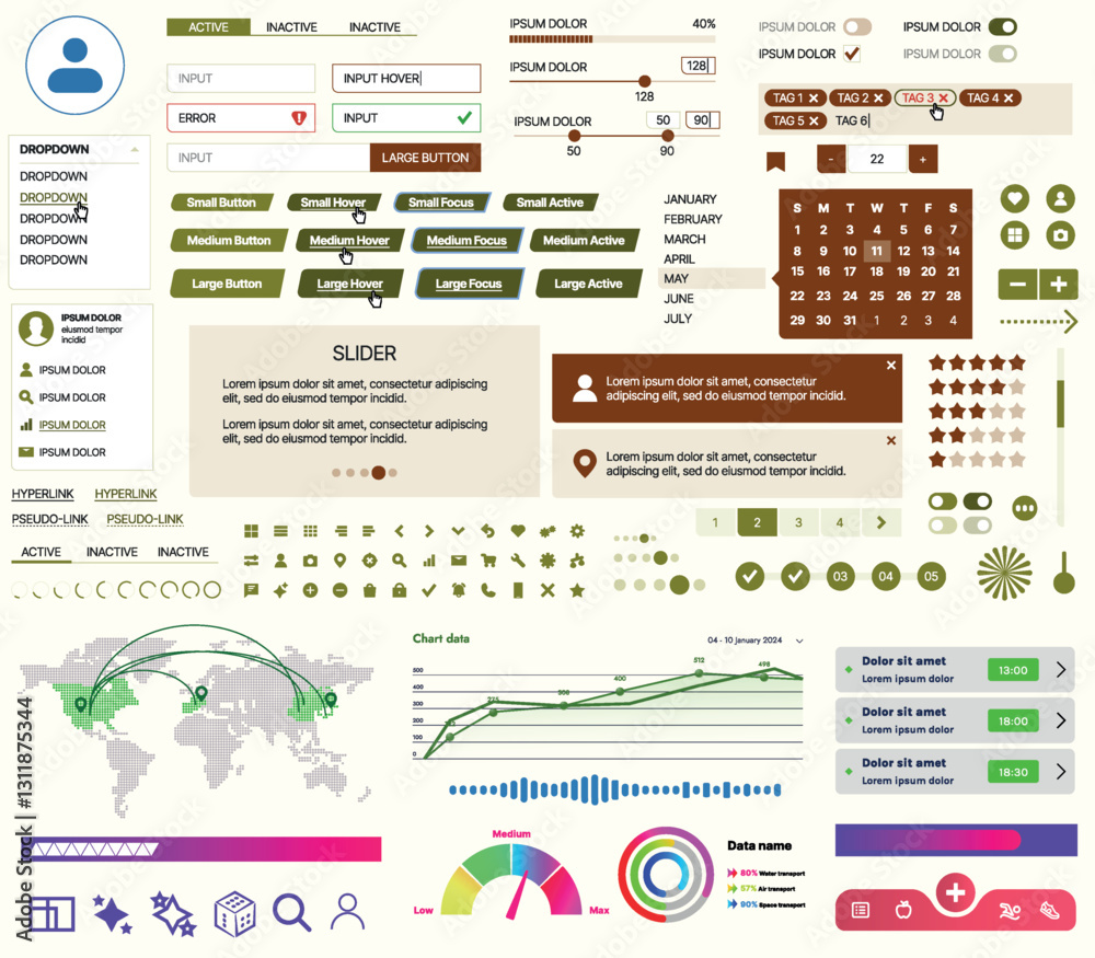 Poster set of ui/ux elements for websites and mobile applications: buttons, forms, menus, panels, icons, lo