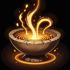 Mystical energy flows into an ancient stone bowl, creating a mesmerizing swirling vortex of light and power within.