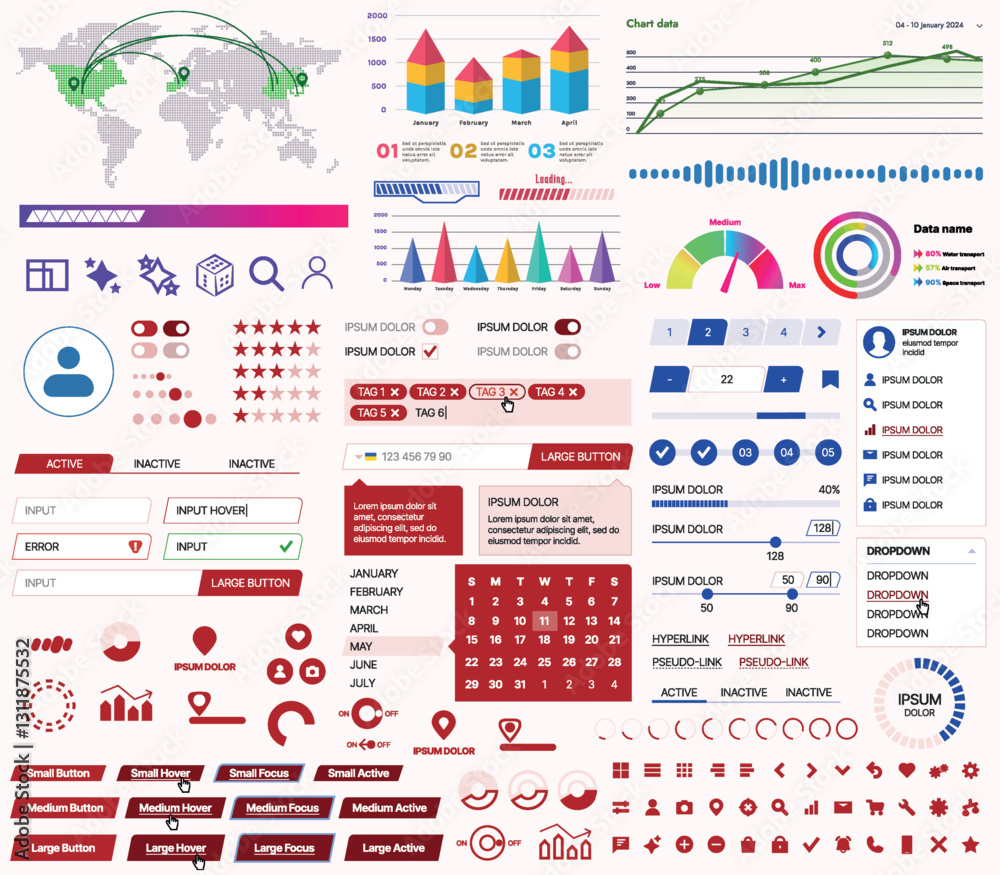 Wall mural set of ui/ux elements for websites and mobile applications: buttons, forms, menus, panels, icons, lo