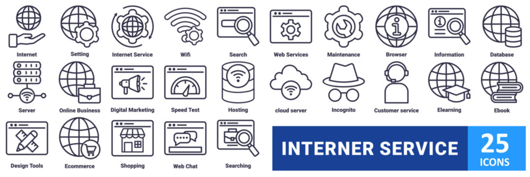 Internet Service icon set. with icon Internet, Setting, Internet Service, Wifi, Search,Web Services, Maintenance, Browser, Information, Database, Server, Online Business, Digital Marketing, Speed Test