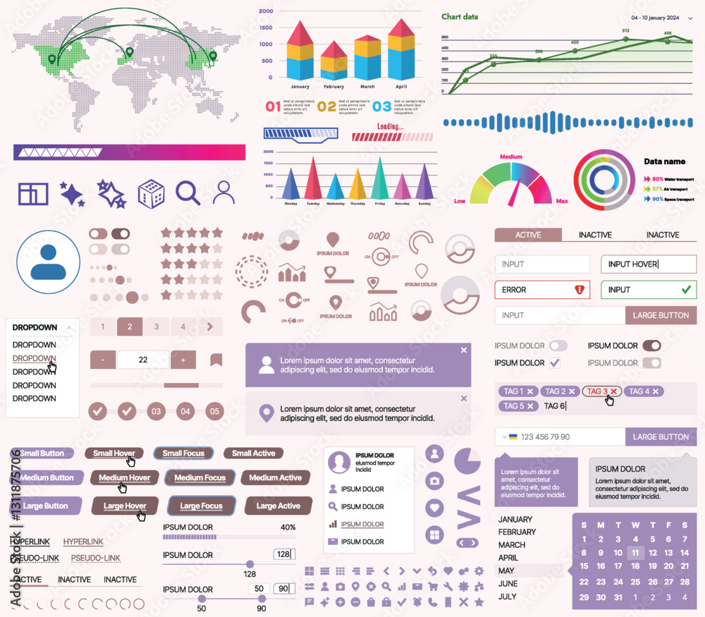 Wall mural set of ui/ux elements for websites and mobile applications: buttons, forms, menus, panels, icons, lo