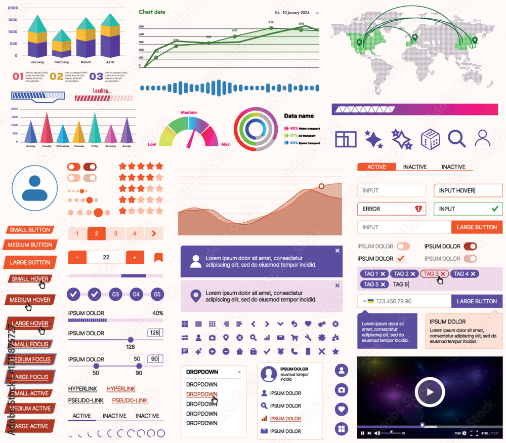 Wall mural set of ui/ux elements for websites and mobile applications: buttons, forms, menus, panels, icons, lo
