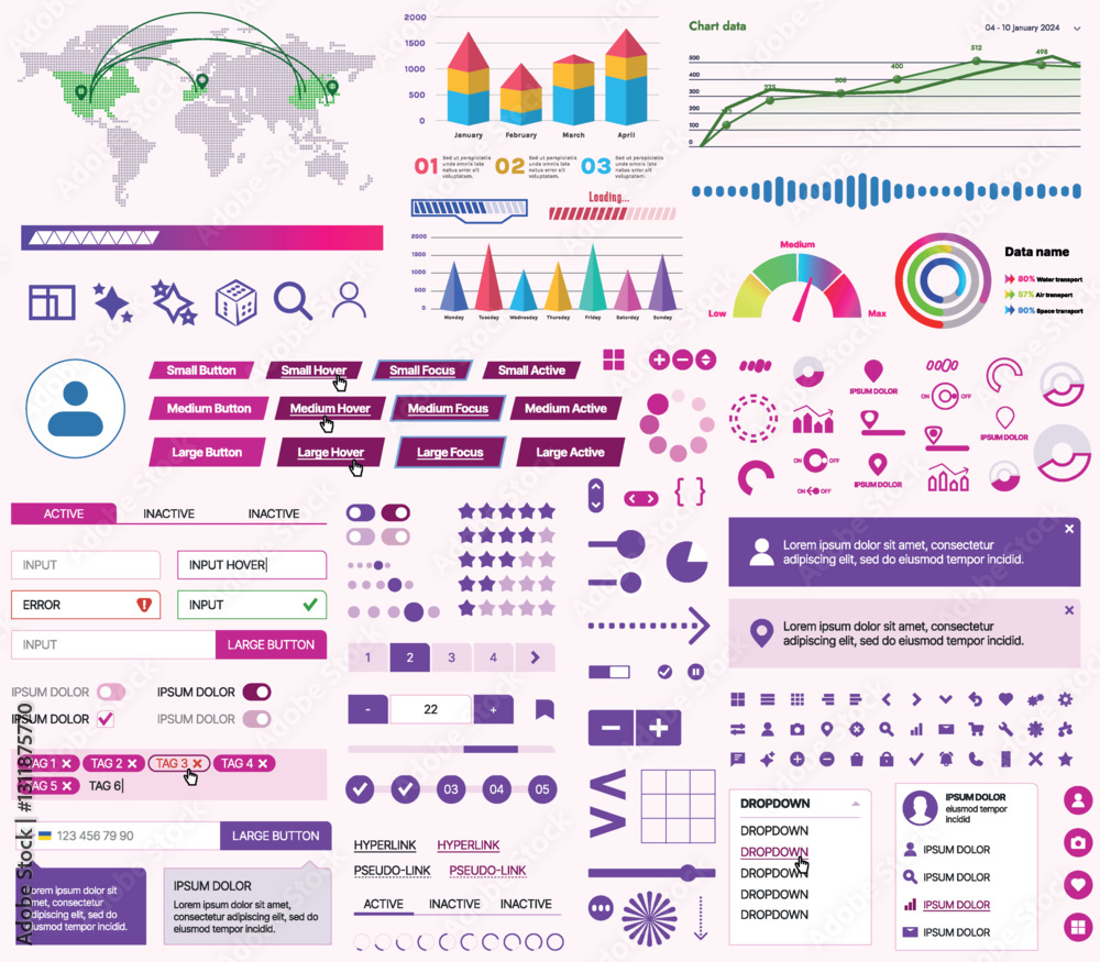 Poster set of ui/ux elements for websites and mobile applications: buttons, forms, menus, panels, icons, lo