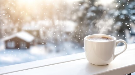 Obraz premium Steaming coffee rests on a balcony railing, surrounded by a snowy forest and a inviting cabin on a bright winter day