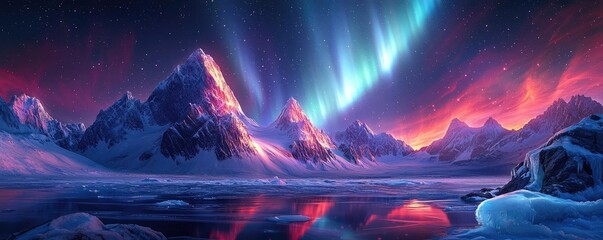Fototapeta premium Aurora borealis northern lights concept. Majestic mountains under the vibrant aurora borealis at twilight.