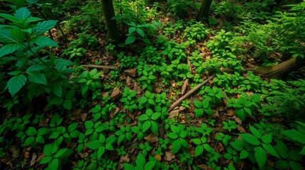 Obraz premium Detailed perspective of a vibrant forest floor alive with verdant foliage and fallen leaves