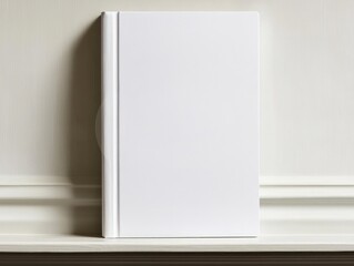 White hardcover book standing upright against a white wall with paneling and a shelf