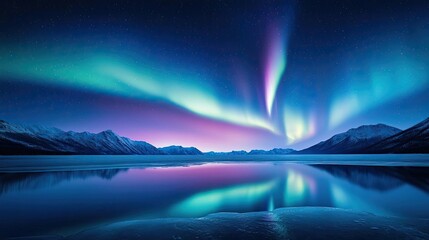Naklejka premium Aurora borealis northern lights concept. Breathtaking aurora borealis reflecting on tranquil waters and mountains.