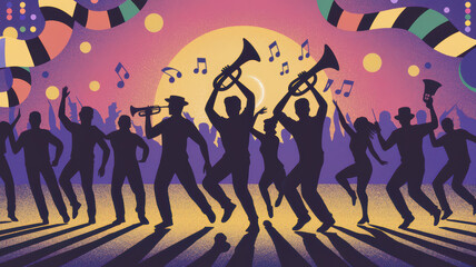 Silhouetted Dance Party with Vibrant Music and Instruments at Night Festival Celebration