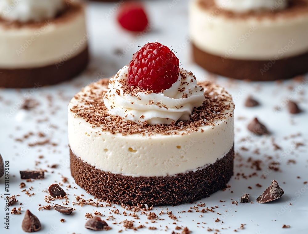 Poster Rich creamy cheesecake with whipped cream and raspberry topping on a white background : Generative AI