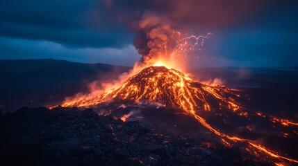 Fototapeta premium Volcanic Fury: A dramatic display of nature's raw power unfolds as a volcano erupts, spewing fiery lava and ash into the night sky, with lightning illuminating the scene.