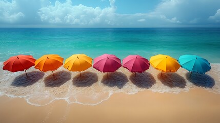 A vibrant summer scene with colorful beach gear including umbrellas and flip flops on the sandy shore