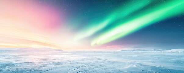 Aurora borealis northern lights concept. Breathtaking aurora borealis lighting up the night sky over a frozen landscape.
