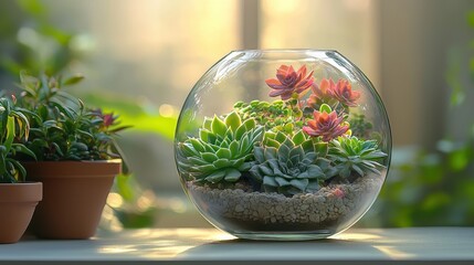 Succulents in Glass Terrarium, Sunlit Home