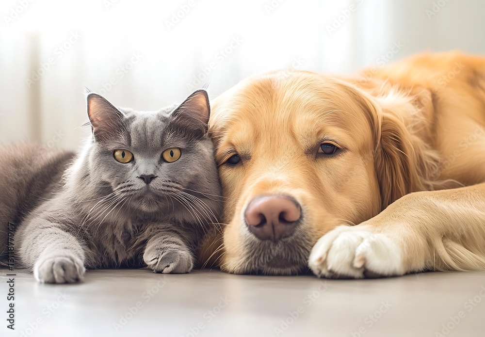 Poster Golden retriever and gray cat resting together in soft light creating a cozy atmosphere : Generative AI