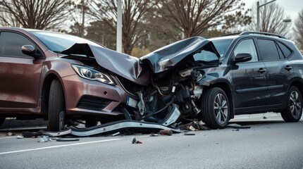 Devastating head-on car collision with extensive damage and wreckage on asphalt