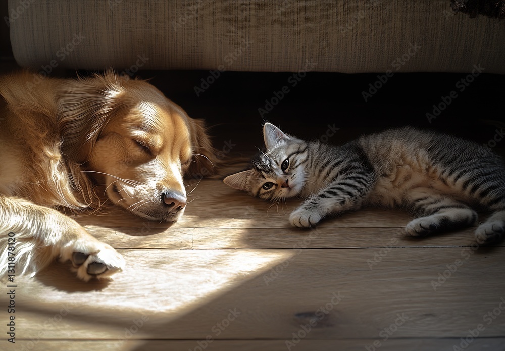 Poster golden retriever and tabby kitten enjoying a sunny day on the floor creating a heartwarming pet mome
