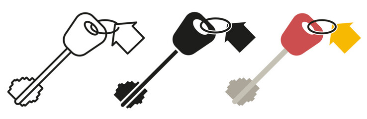 Modern door keys isolated on colored background. House keys with keychain. Illustration of a keychain with a house.