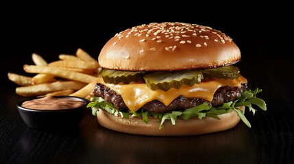 Large Juicy Burger with Melted Cheddar and Pickles