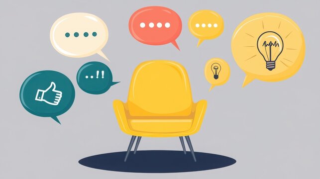 Interview chair with floating bubbles with symbols like light bulb (idea) and handshake (deal), perfect for interview and hiring scenarios. Minimalist style vector illustration.