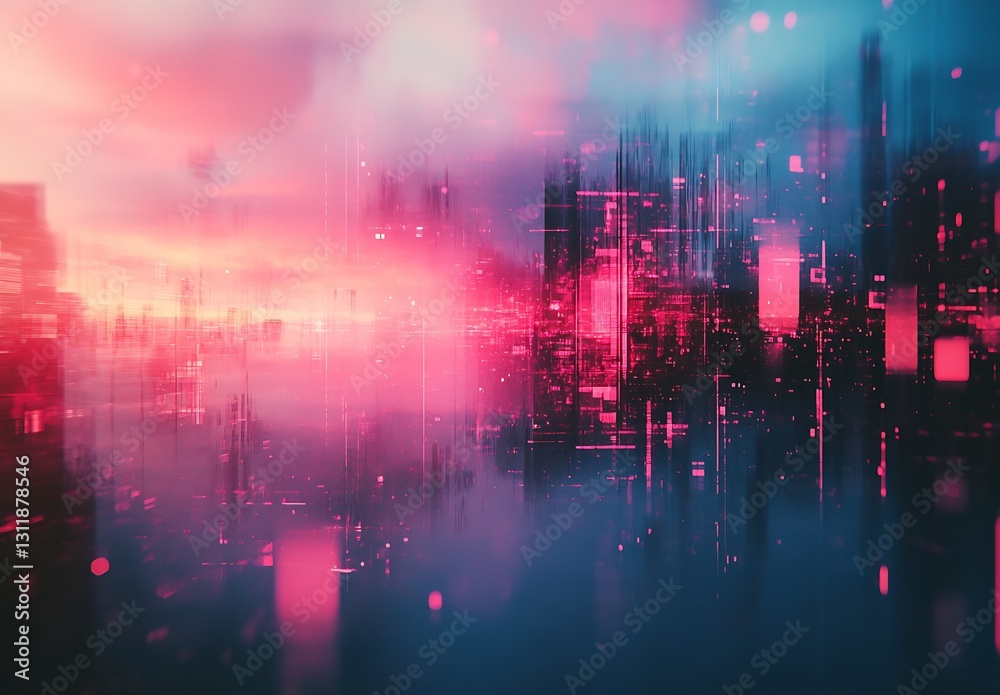 Poster Abstract Futuristic Cityscape with Colorful Blurred Lights and Digital Data Visualization Effects : Generative AI