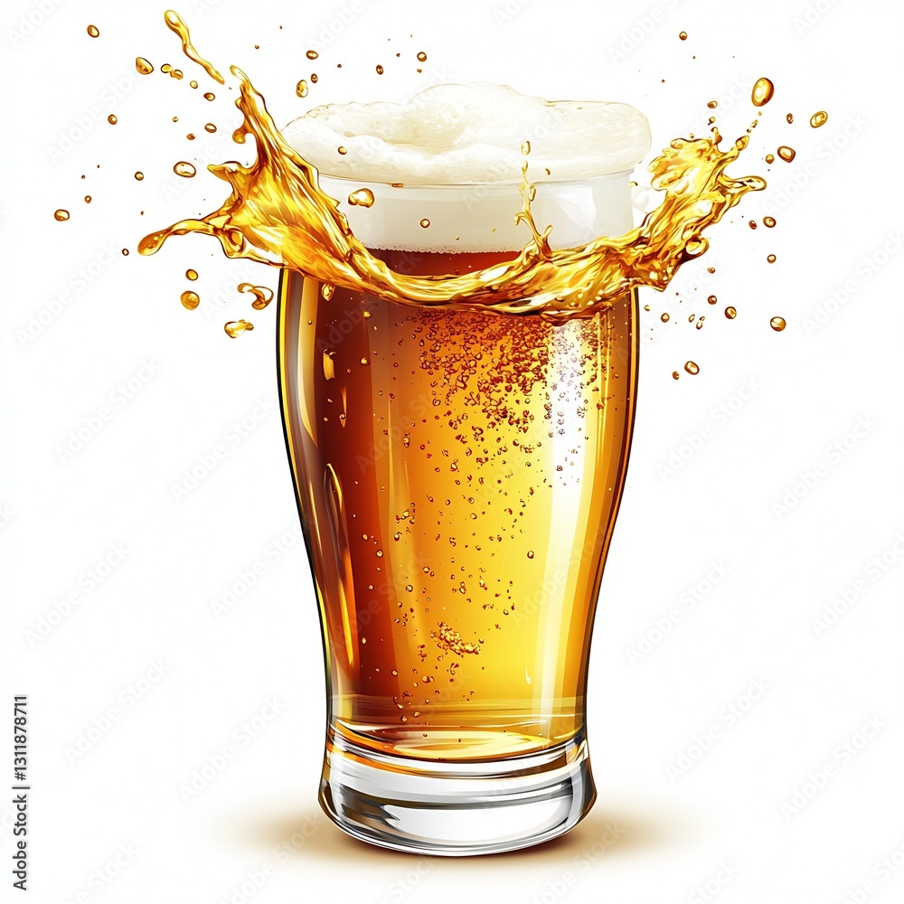 Poster Fresh Beer Splashing in Glass with Bubbles and Foam : Generative AI