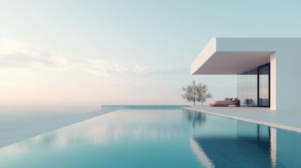 Infinity Pool at Modern Villa Overlooking Ocean at Sunset with Lounge Area