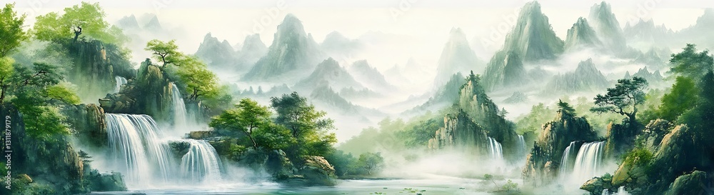 Aufkleber elegant misty mountains with flowing waterfalls and lush greenery : generative ai