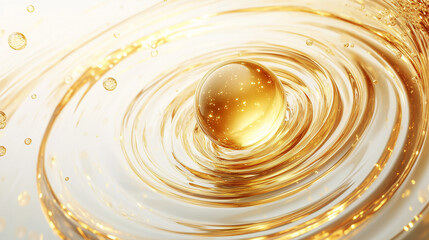 Fototapeta premium Gold energy ball, spiral light effect, transparent glass ball，glossy material, 3d render, luxury skincare essence molecules, abstract liquid ripples, liquid wave